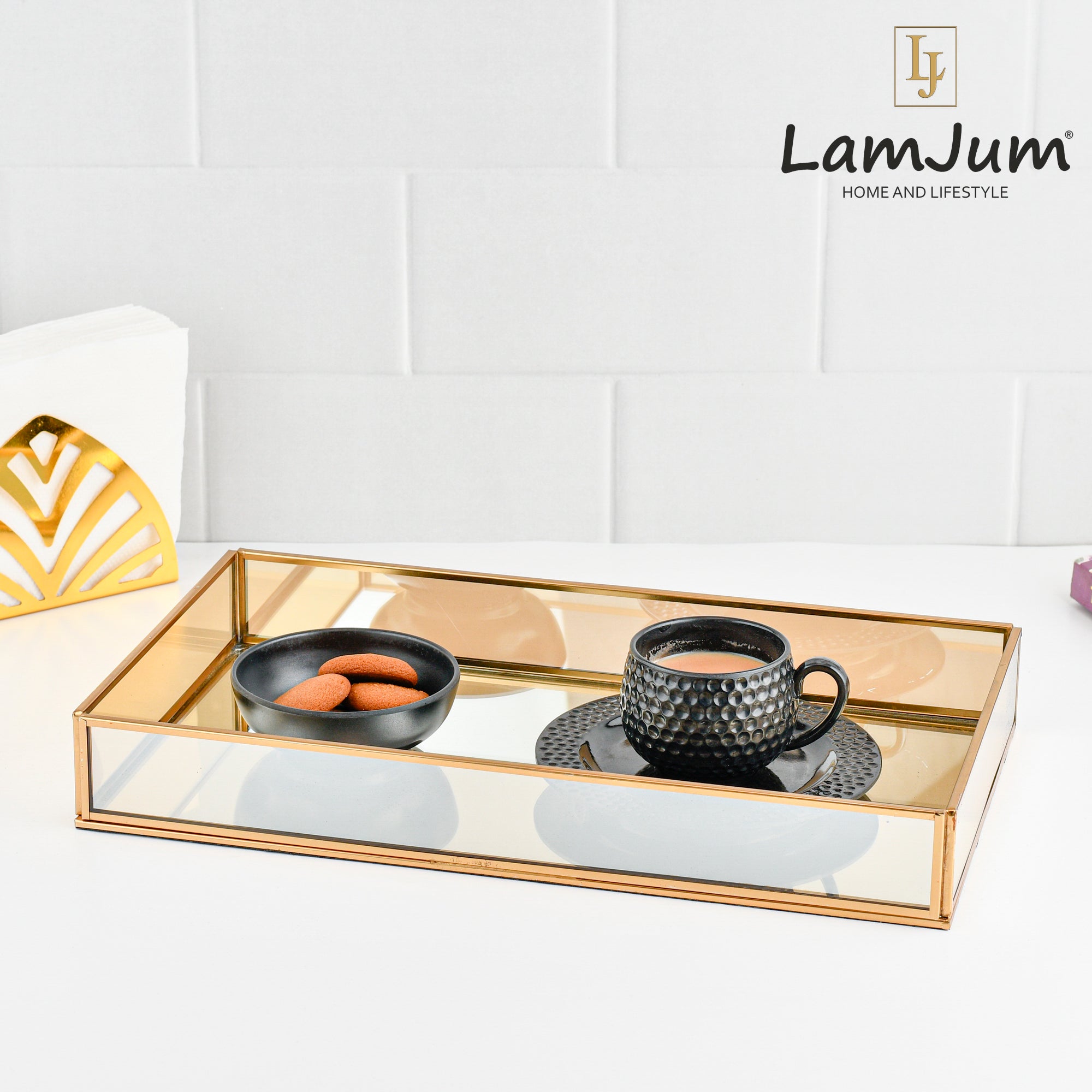 LamJum Decorative Gold Glass Tray with Gold Rim and Mirror Base