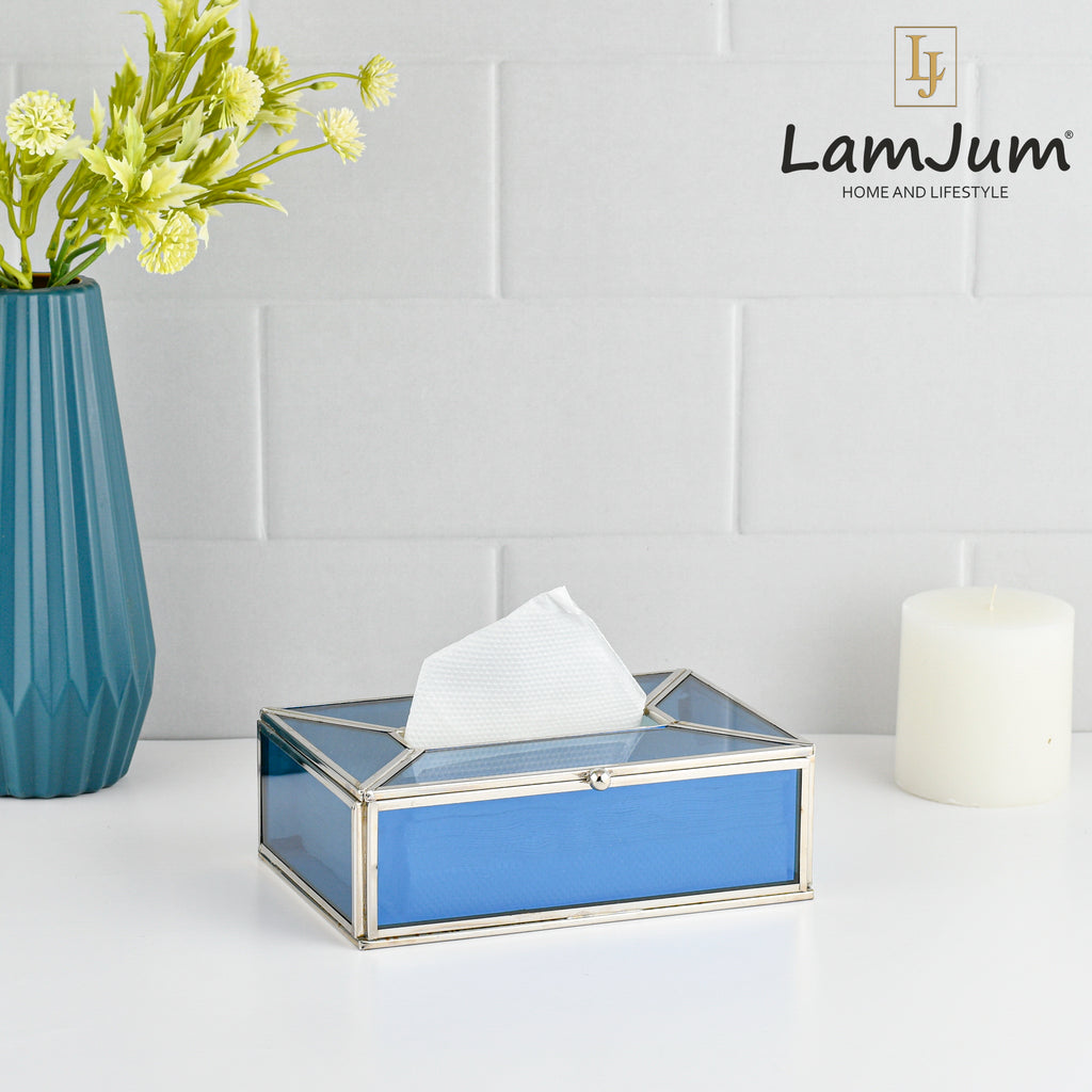LamJum Decorative Blue Glass Tissue Box with Silver Rim.
