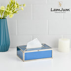LamJum Decorative Blue Glass Tissue Box with Silver Rim.