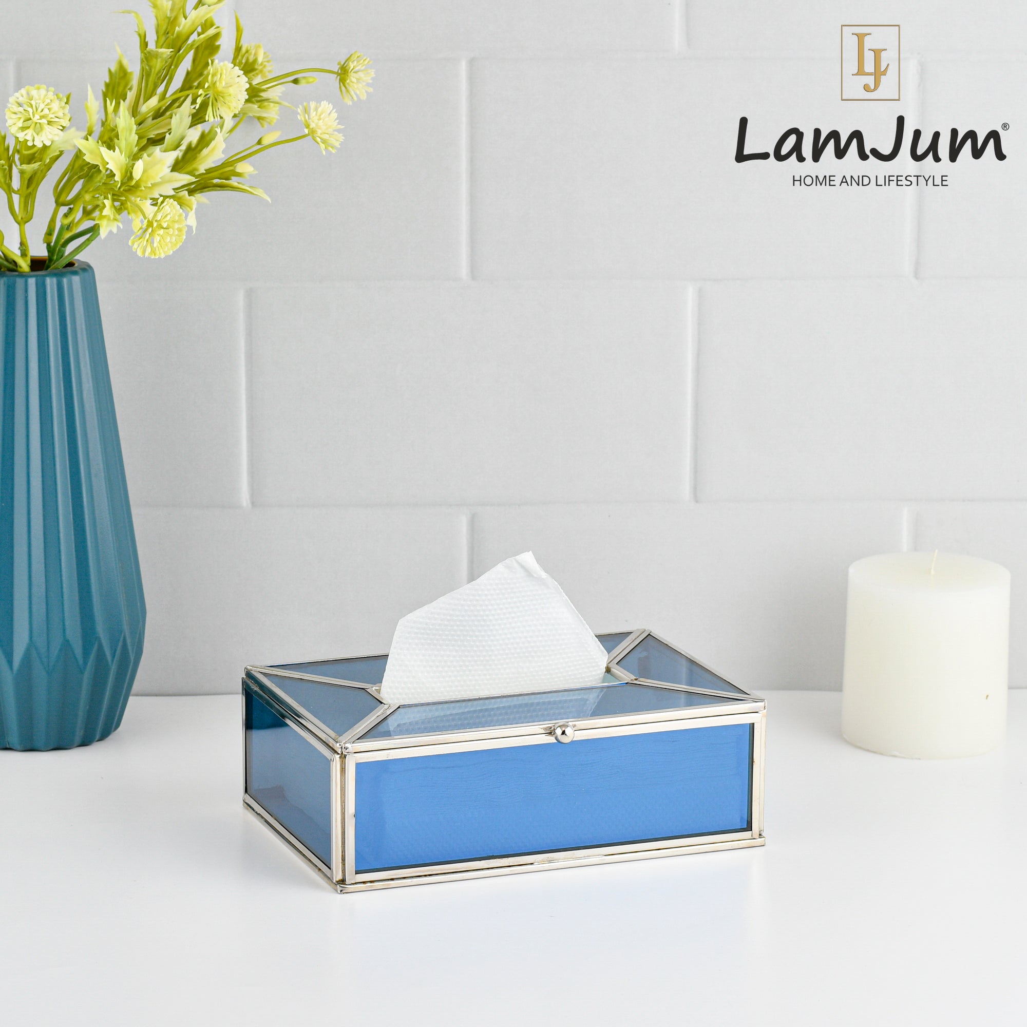 LamJum Decorative Blue Glass Tissue Box with Silver Rim.