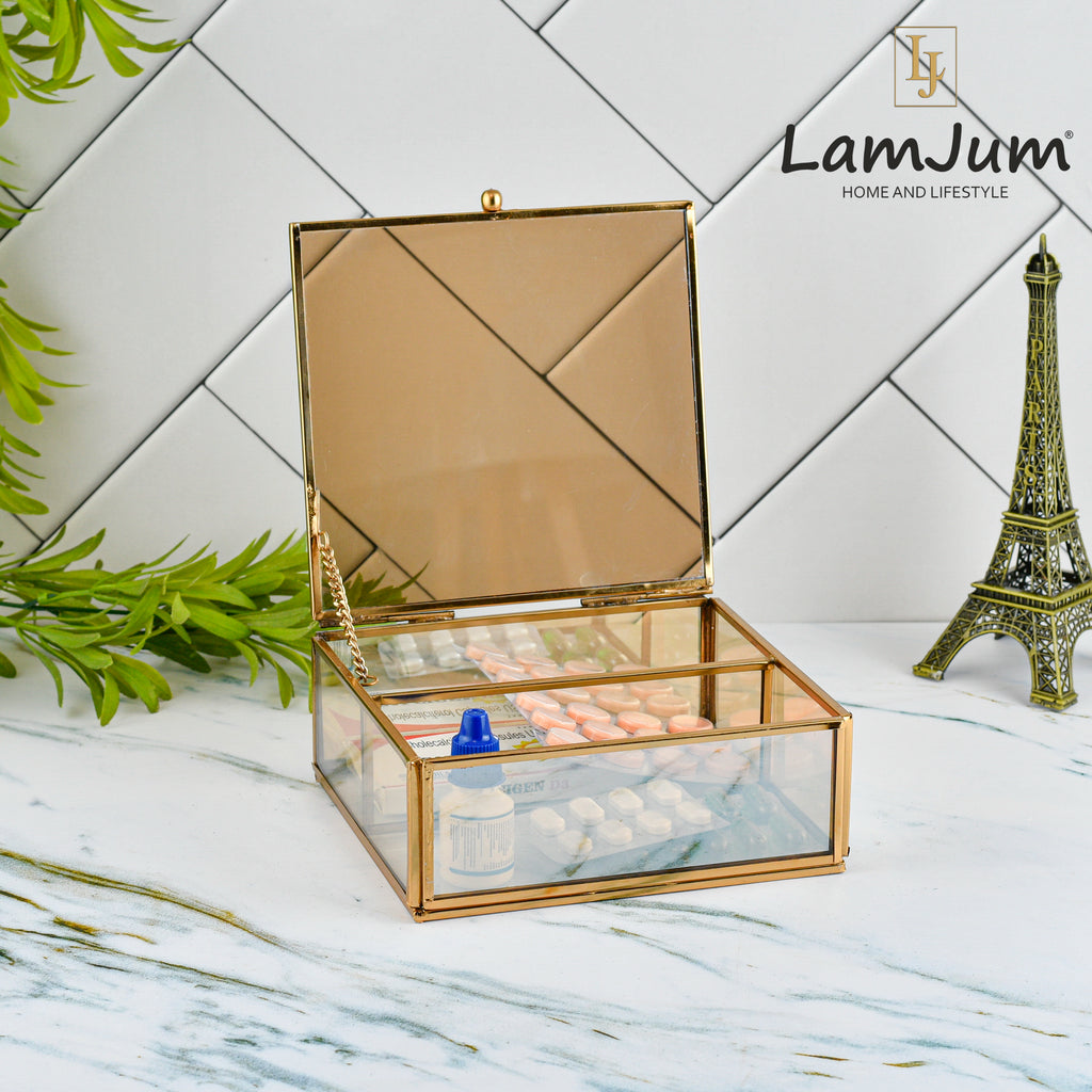 LamJum Decorative Gold Glass Medicine cum Jewellery Storage Box with Lid and Gold Rim