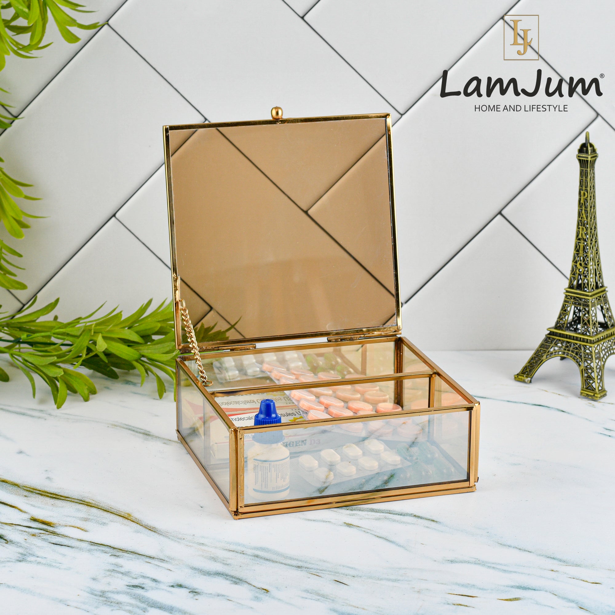 LamJum Decorative Gold Glass Medicine cum Jewellery Storage Box with Lid and Gold Rim