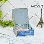 LamJum Decorative Blue Glass Medicine cum Jewellery Storage Box with Lid and Silver Rim