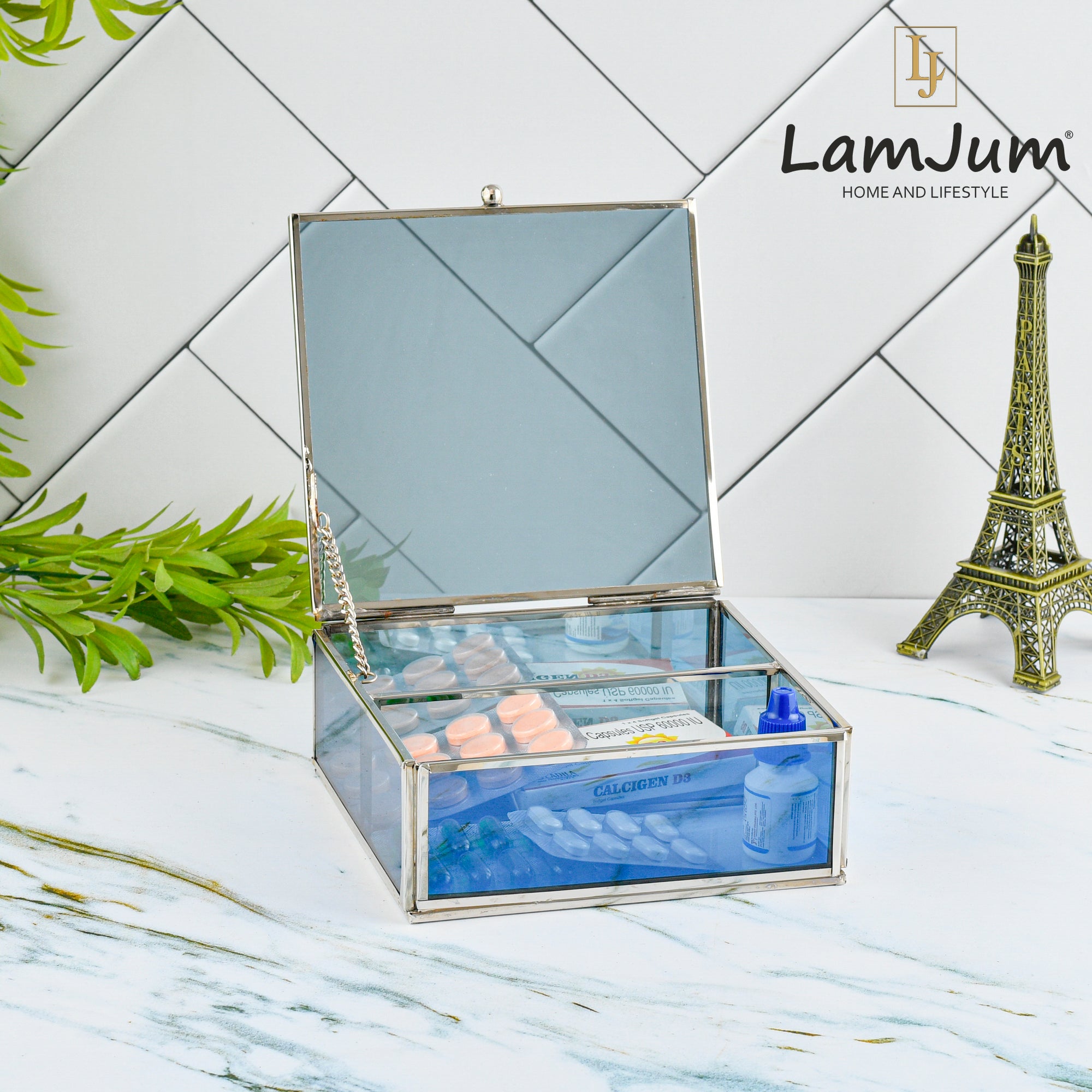 LamJum Decorative Blue Glass Medicine cum Jewellery Storage Box with Lid and Silver Rim
