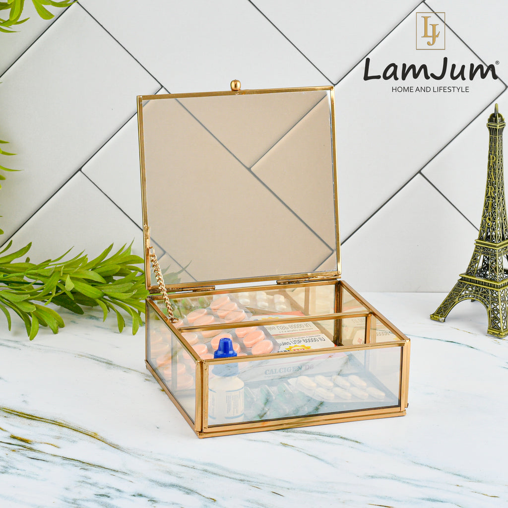LamJum Decorative Gold Glass Medicine cum Jewellery Storage Box with Lid and Gold Rim