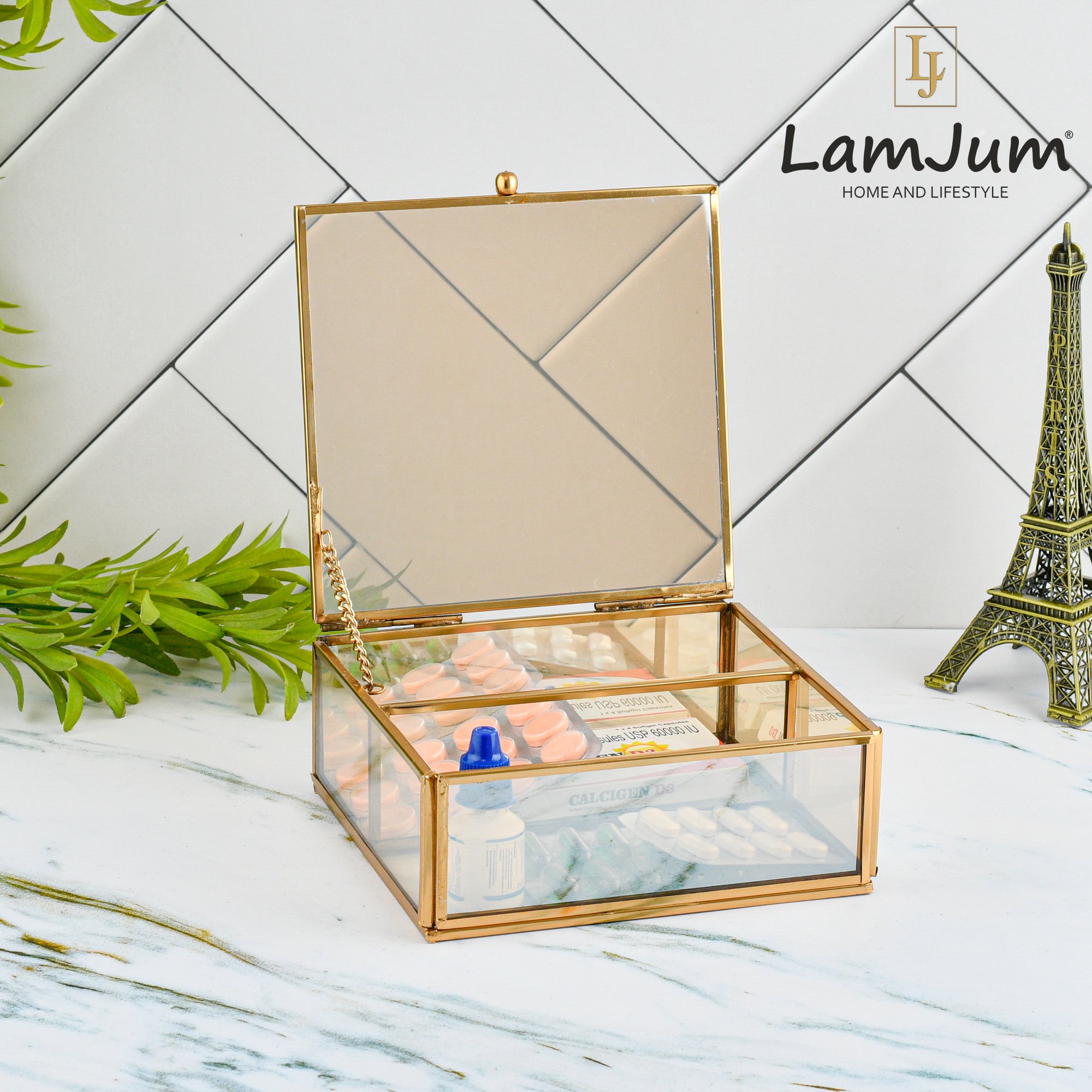 LamJum Decorative Gold Glass Medicine cum Jewellery Storage Box with Lid and Gold Rim