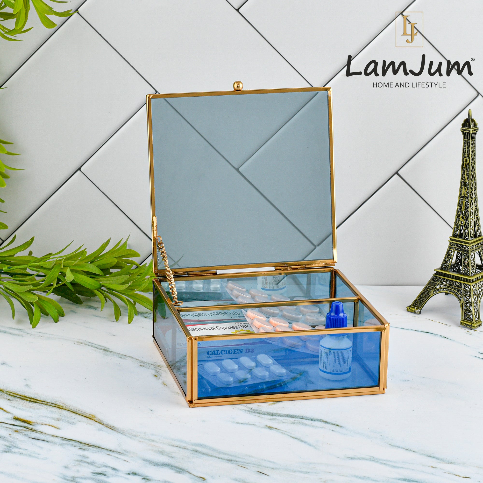 LamJum Decorative Blue Glass Medicine cum Jewellery Storage Box with Lid and Gold Rim