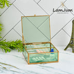 LamJum Decorative Green Glass Medicine cum Jewellery Storage Box with Lid and Gold Rim