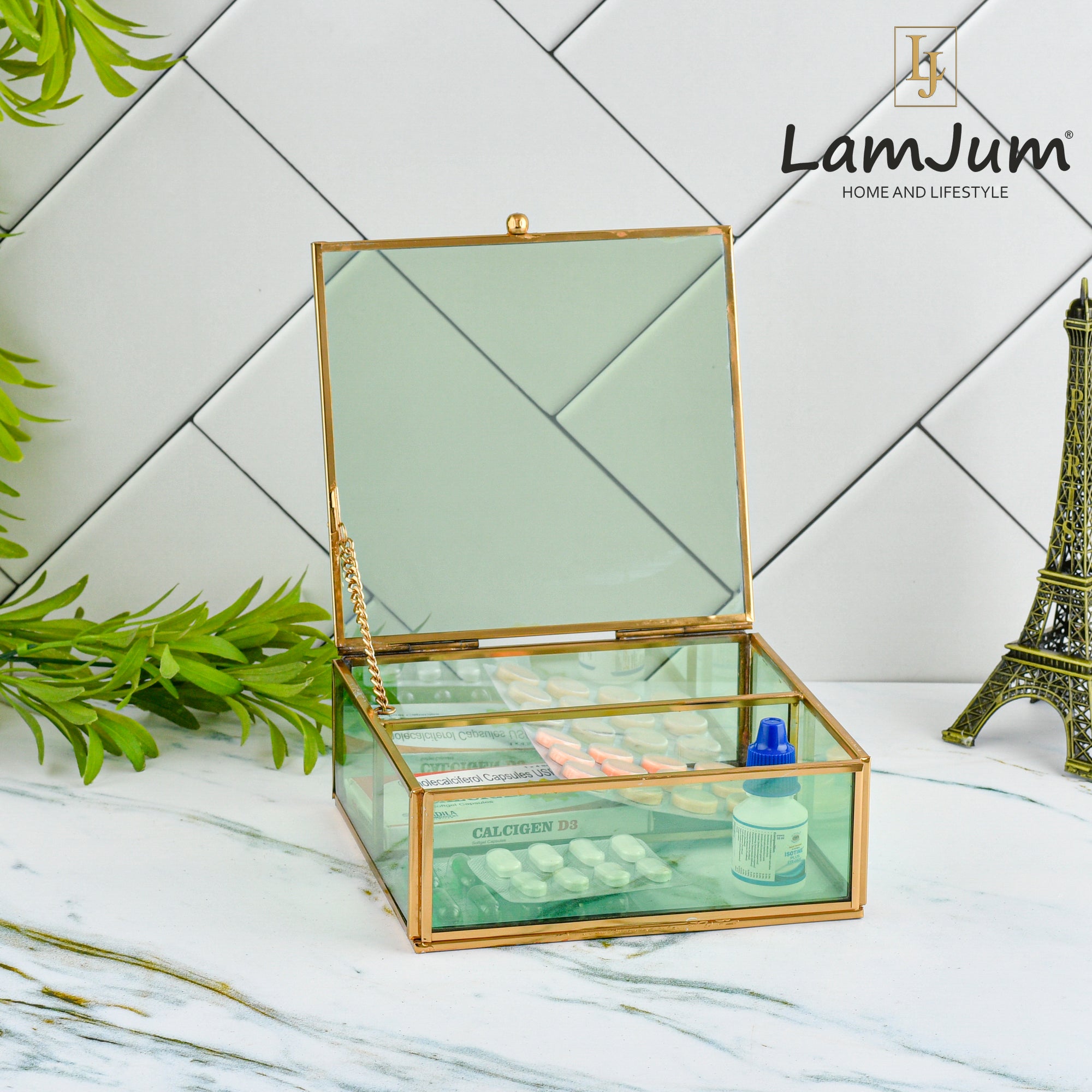 LamJum Decorative Green Glass Medicine cum Jewellery Storage Box with Lid and Gold Rim
