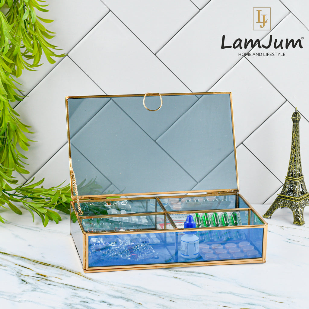 LamJum Decorative Blue Glass Four Compartment Medicine cum Jewellery Storage Box with Lid and Gold Rim