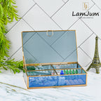 LamJum Decorative Blue Glass Four Compartment Medicine cum Jewellery Storage Box with Lid and Gold Rim