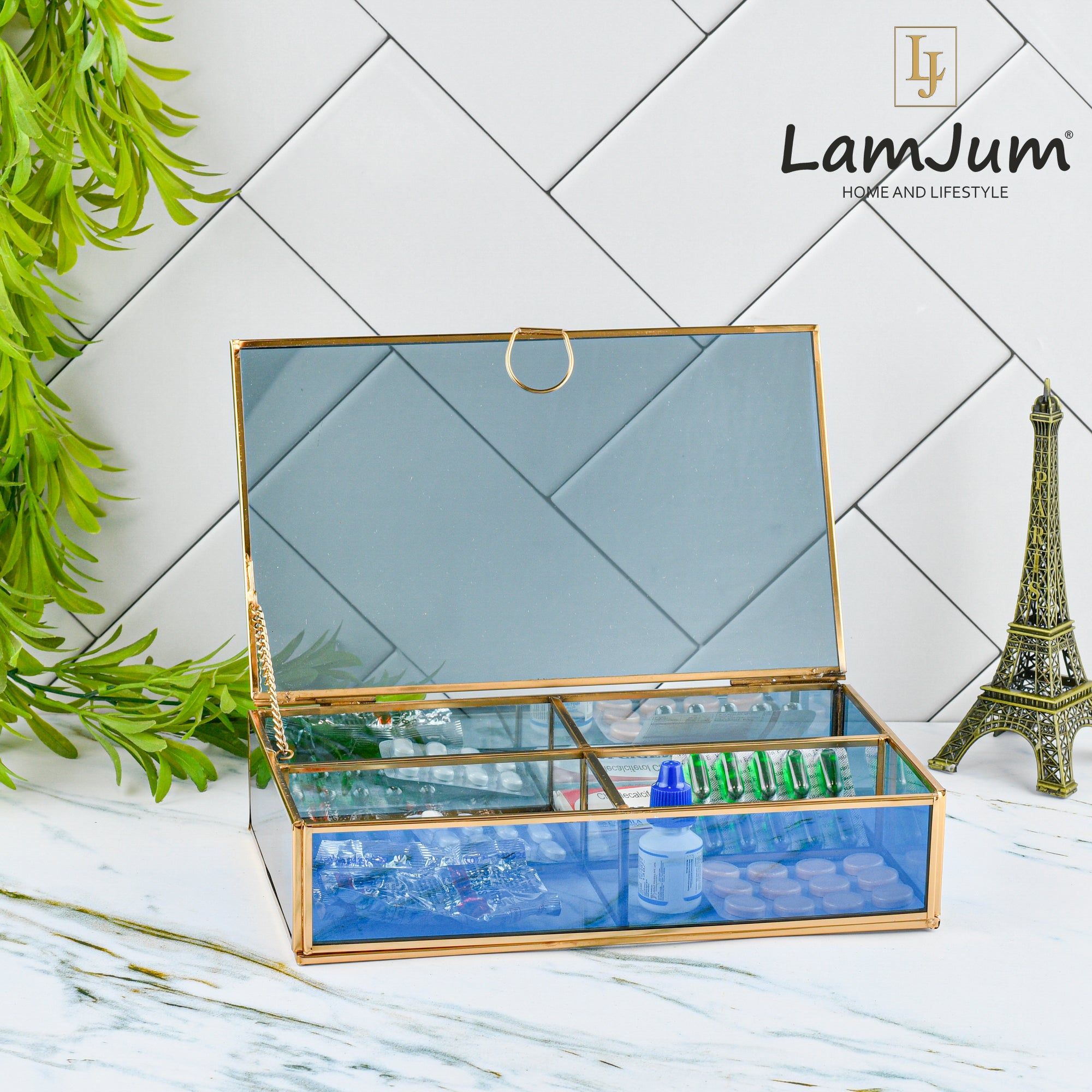 LamJum Decorative Blue Glass Four Compartment Medicine cum Jewellery Storage Box with Lid and Gold Rim