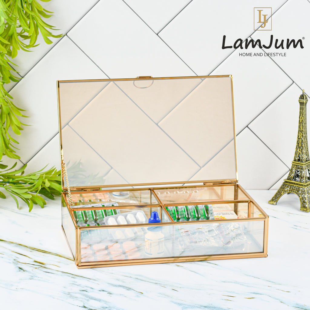 LamJum Decorative Gold Glass Four Compartment Medicine cum Jewellery Storage Box with Lid and Gold Rim