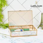 LamJum Decorative Gold Glass Four Compartment Medicine cum Jewellery Storage Box with Lid and Gold Rim