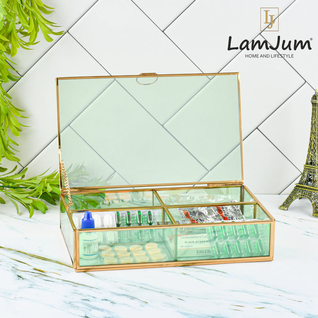 LamJum DecorativeGreen Glass Four Compartment Medicine cum Jewellery Storage Box with Lid and Gold Rim