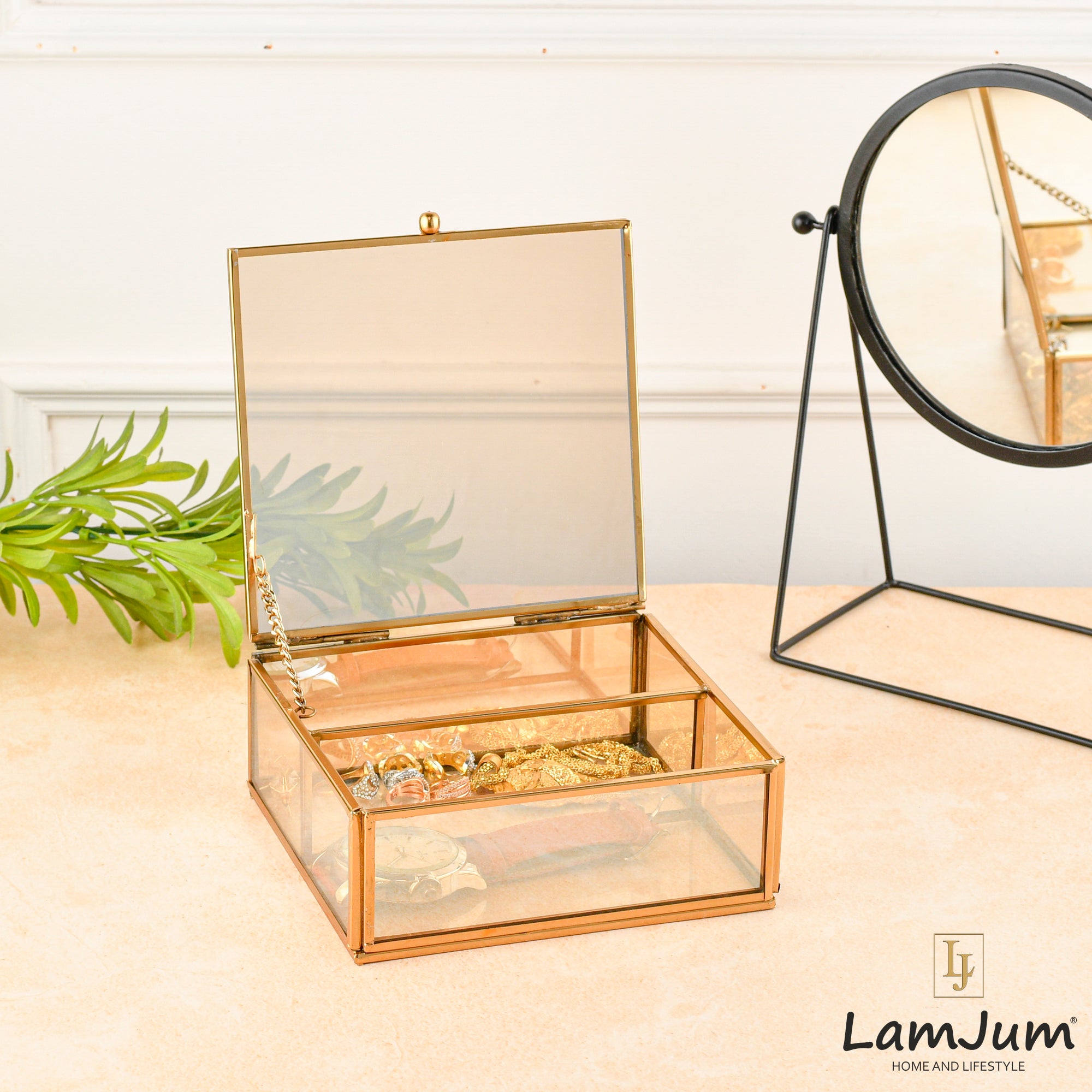 LamJum Decorative Gold Glass Medicine cum Jewellery Storage Box with Lid and Gold Rim