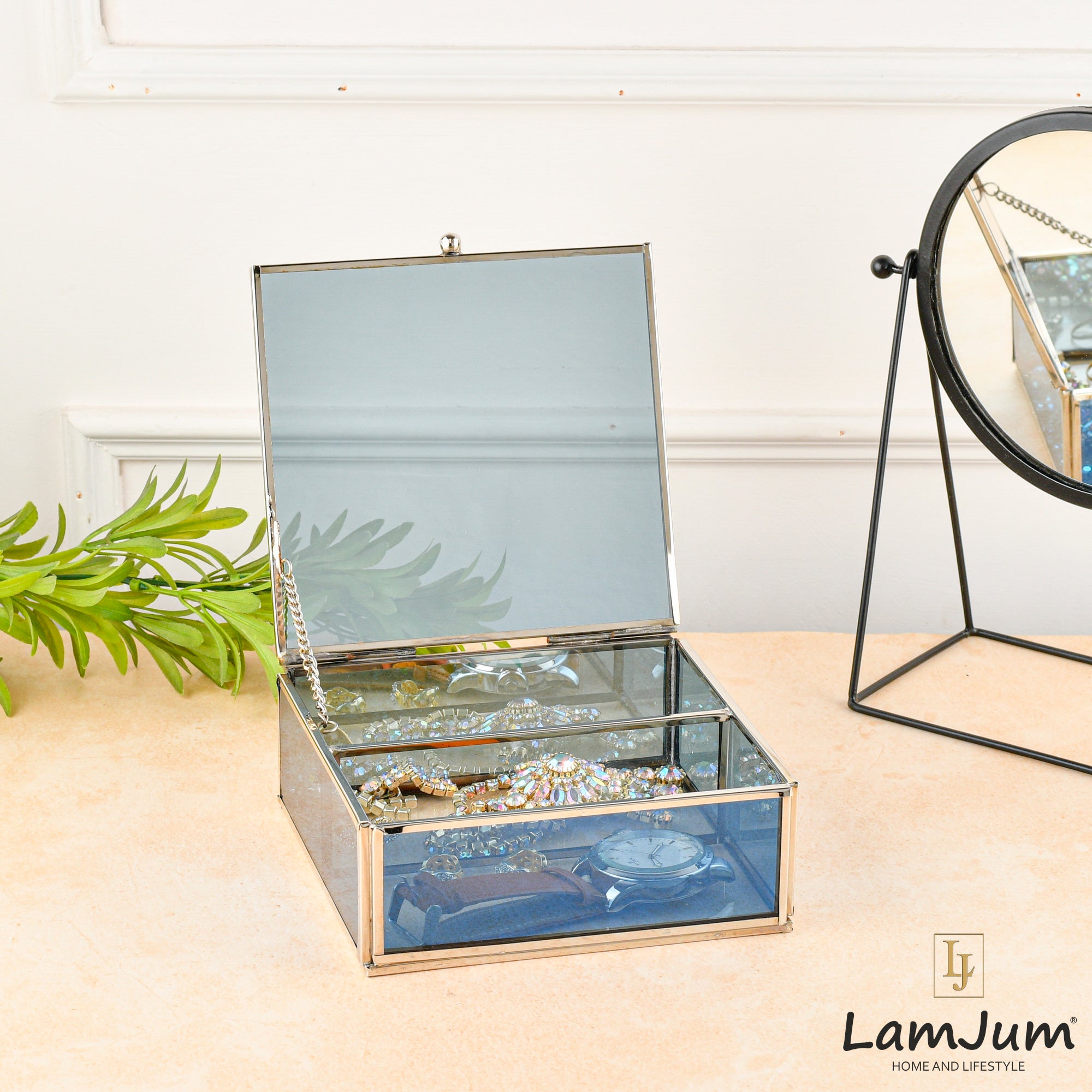 LamJum Decorative Blue Glass Medicine cum Jewellery Storage Box with Lid and Silver Rim