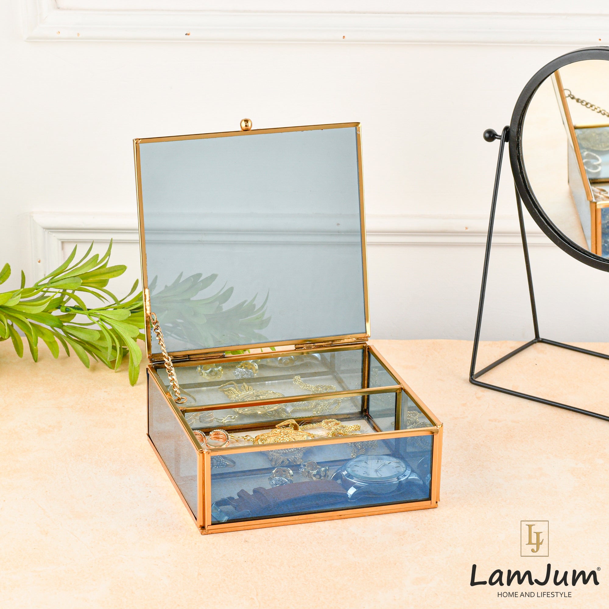 LamJum Decorative Blue Glass Medicine cum Jewellery Storage Box with Lid and Gold Rim