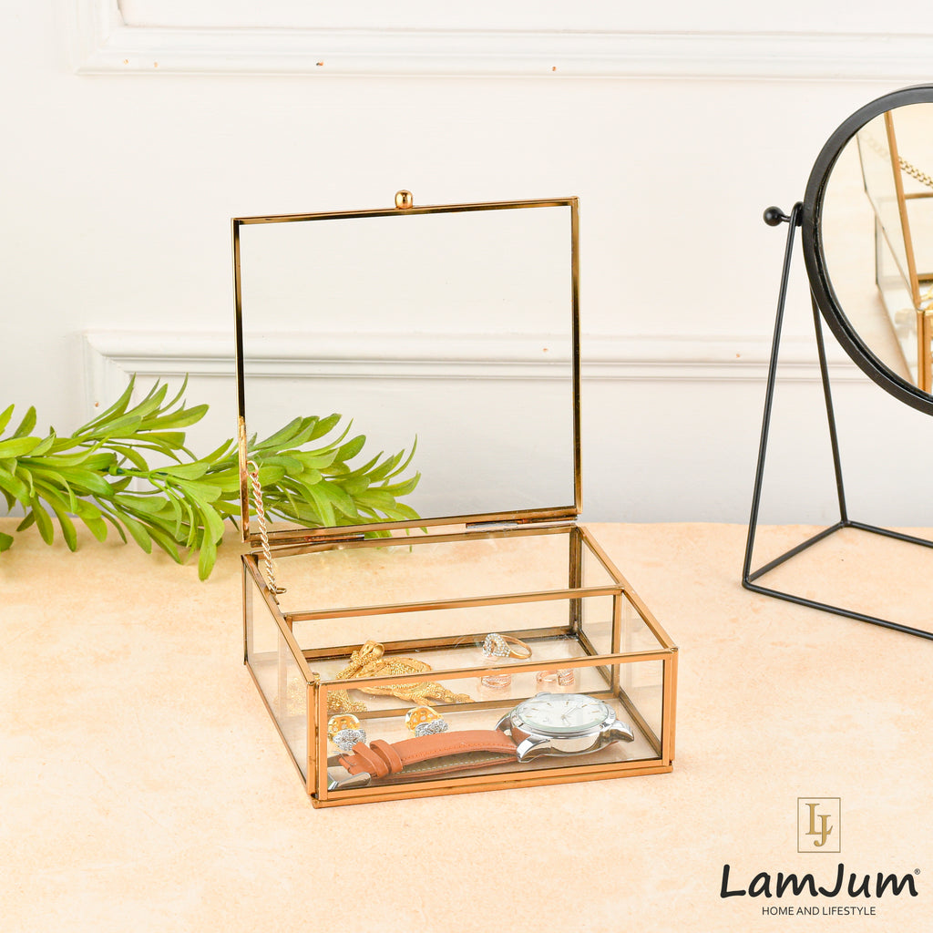 LamJum Decorative Clear Glass Medicine cum Jewellery Storage Box with Lid and Gold Rim
