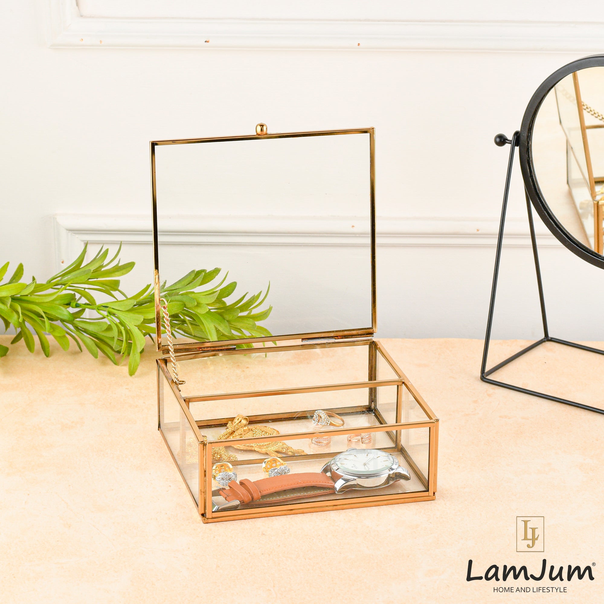 LamJum Decorative Clear Glass Medicine cum Jewellery Storage Box with Lid and Gold Rim