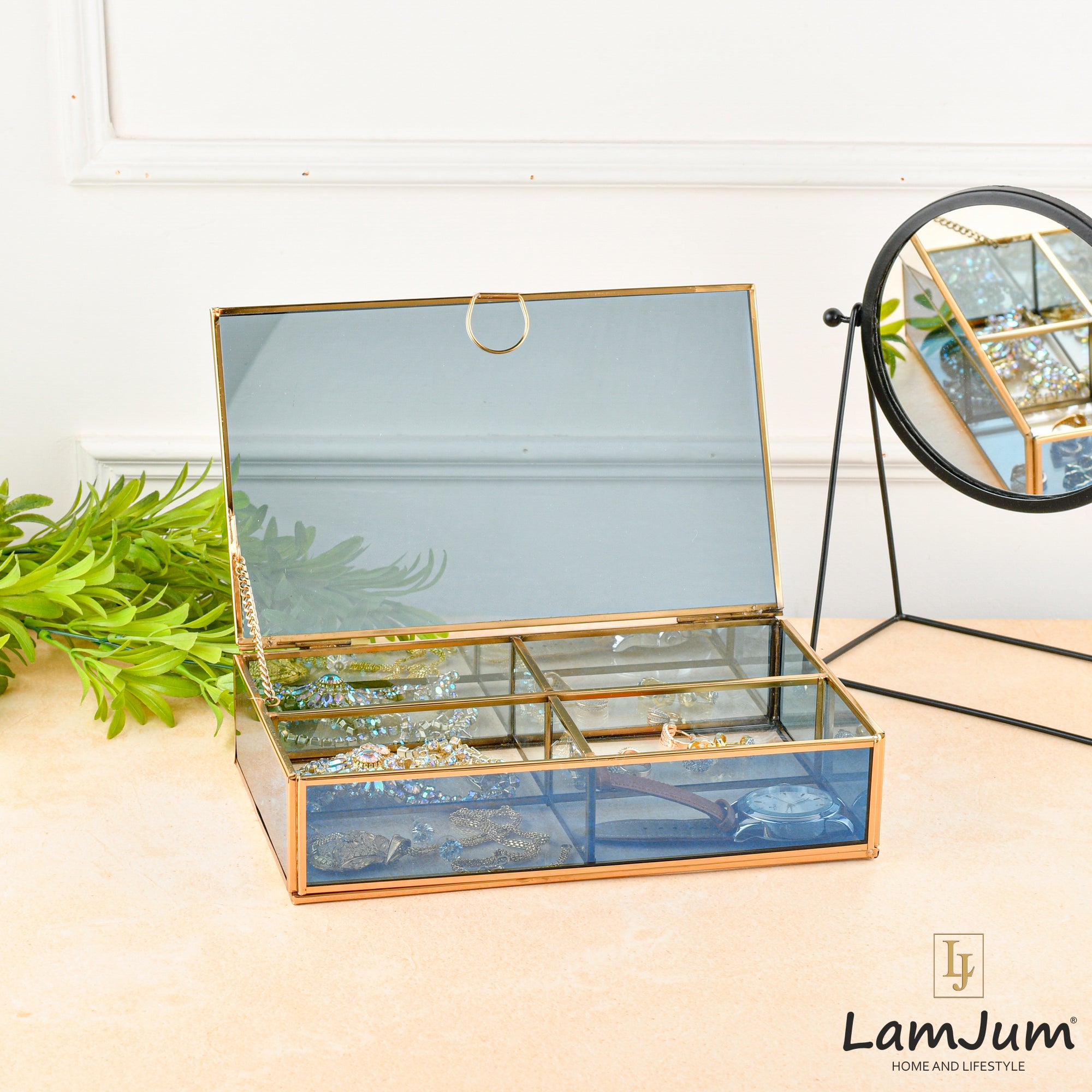 LamJum Decorative Blue Glass Four Compartment Medicine cum Jewellery Storage Box with Lid and Gold Rim