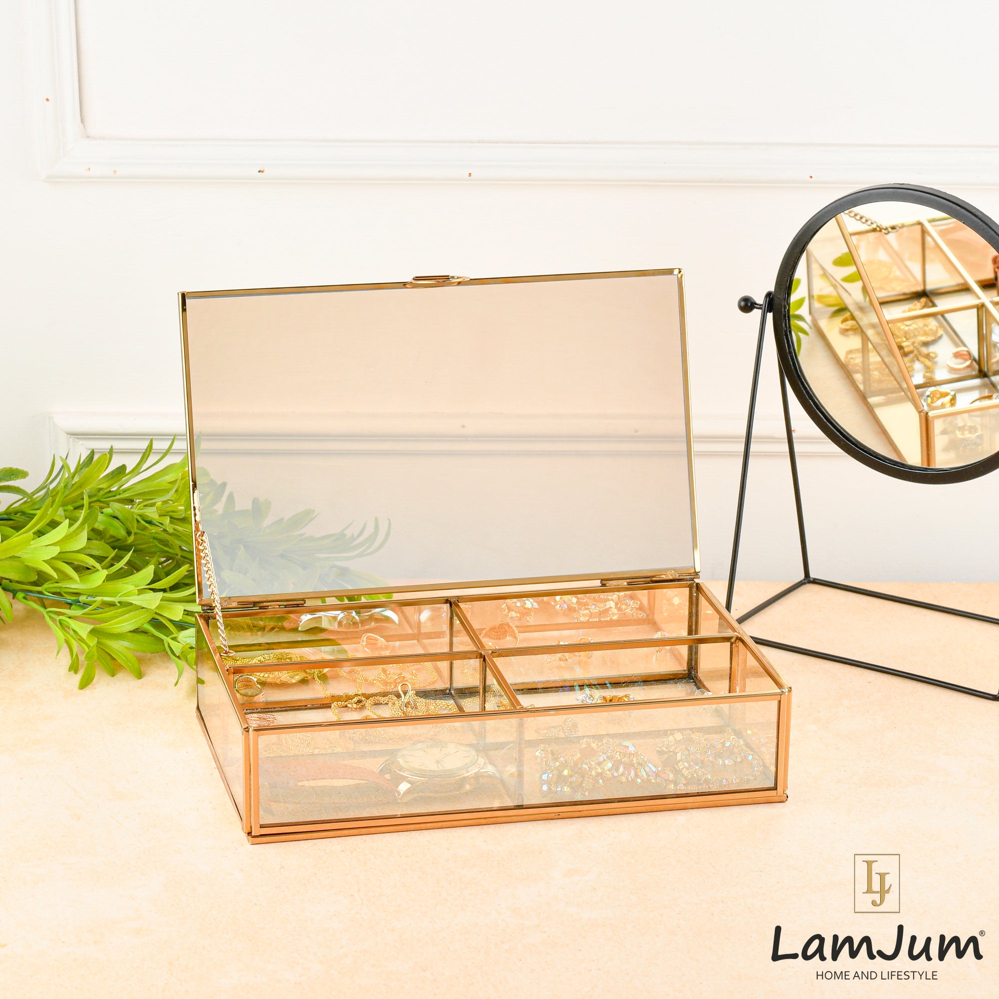 LamJum Decorative Gold Glass Four Compartment Medicine cum Jewellery Storage Box with Lid and Gold Rim