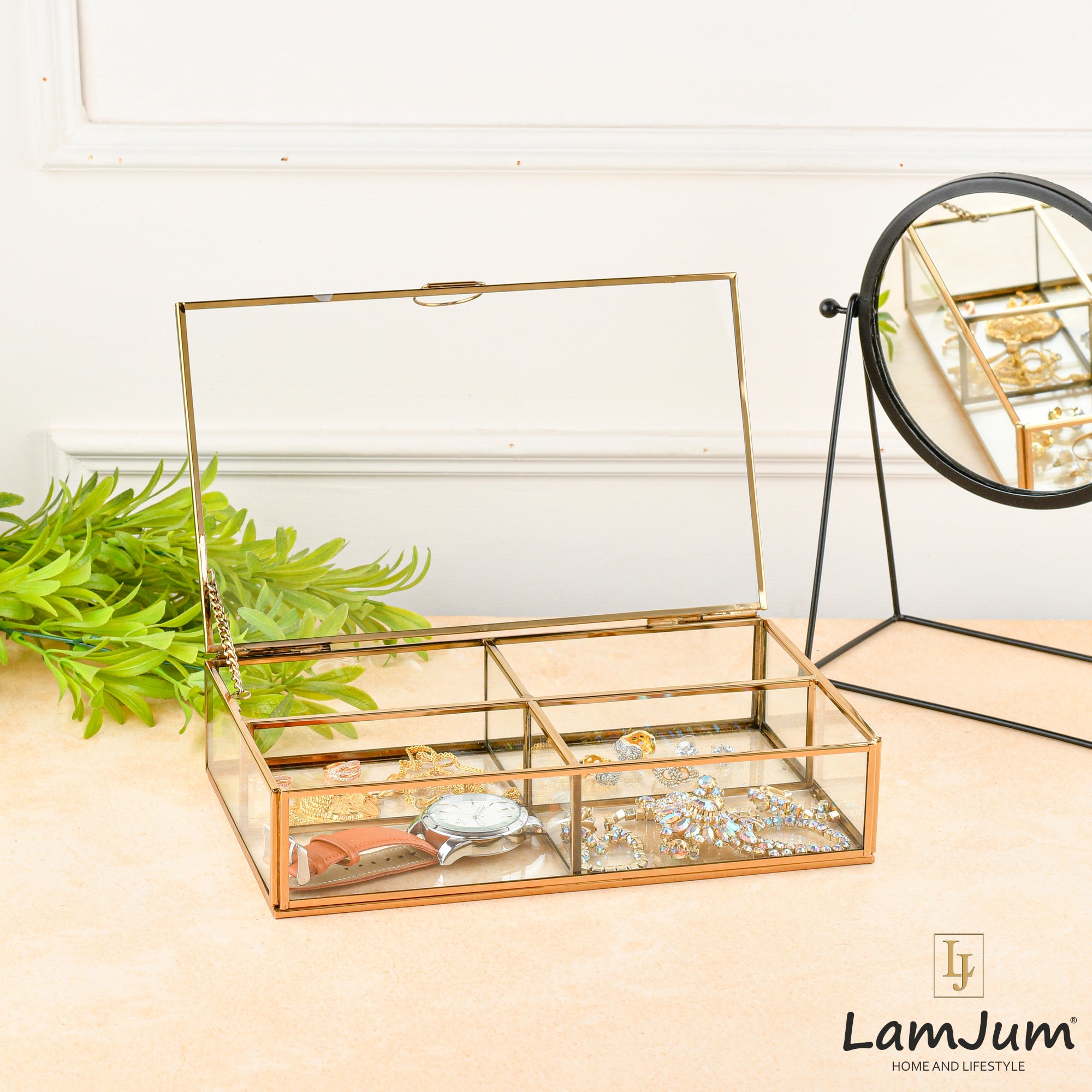 LamJum Decorative Clear Glass Four Compartment Medicine cum Jewellery Storage Box with Lid and Gold Rim
