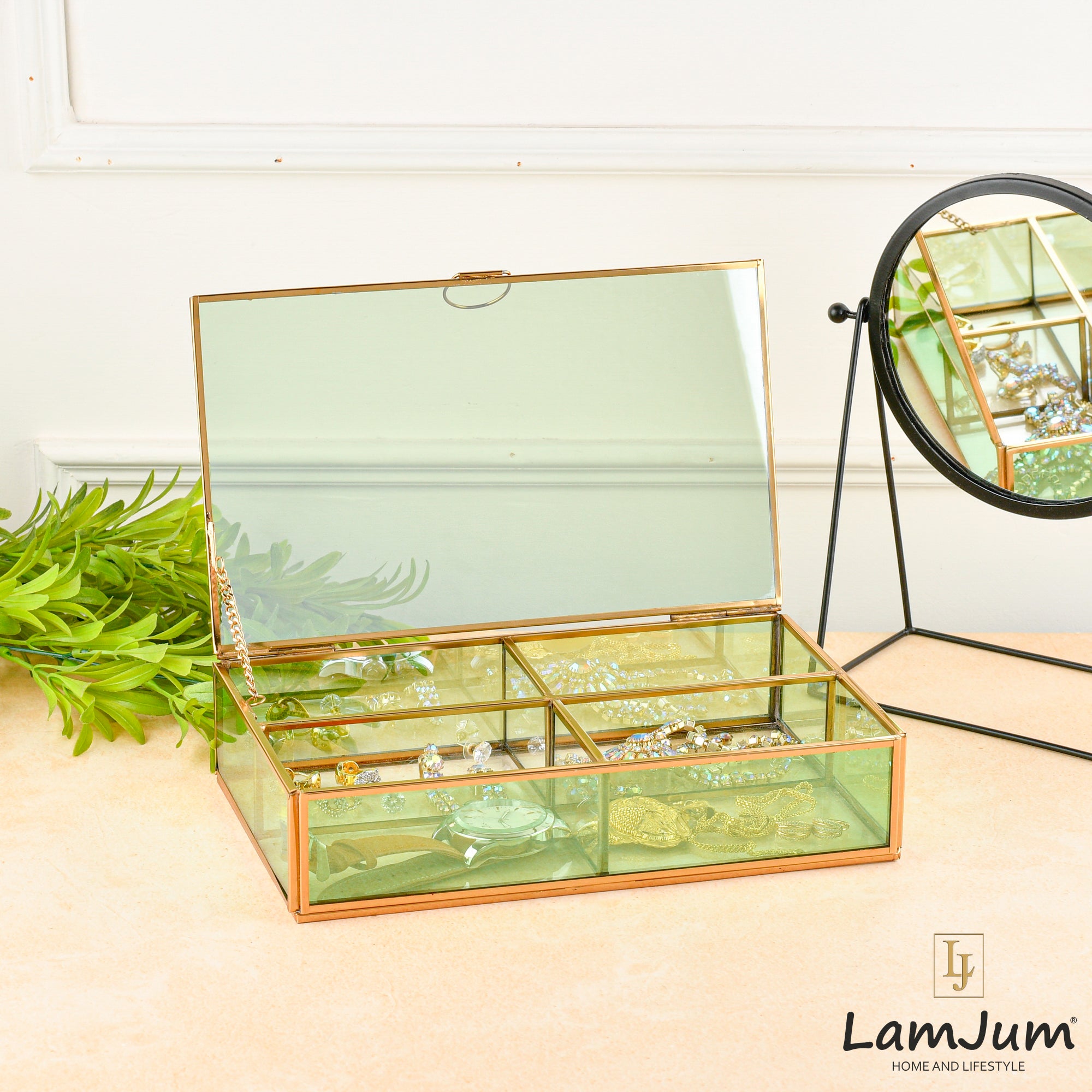 LamJum DecorativeGreen Glass Four Compartment Medicine cum Jewellery Storage Box with Lid and Gold Rim