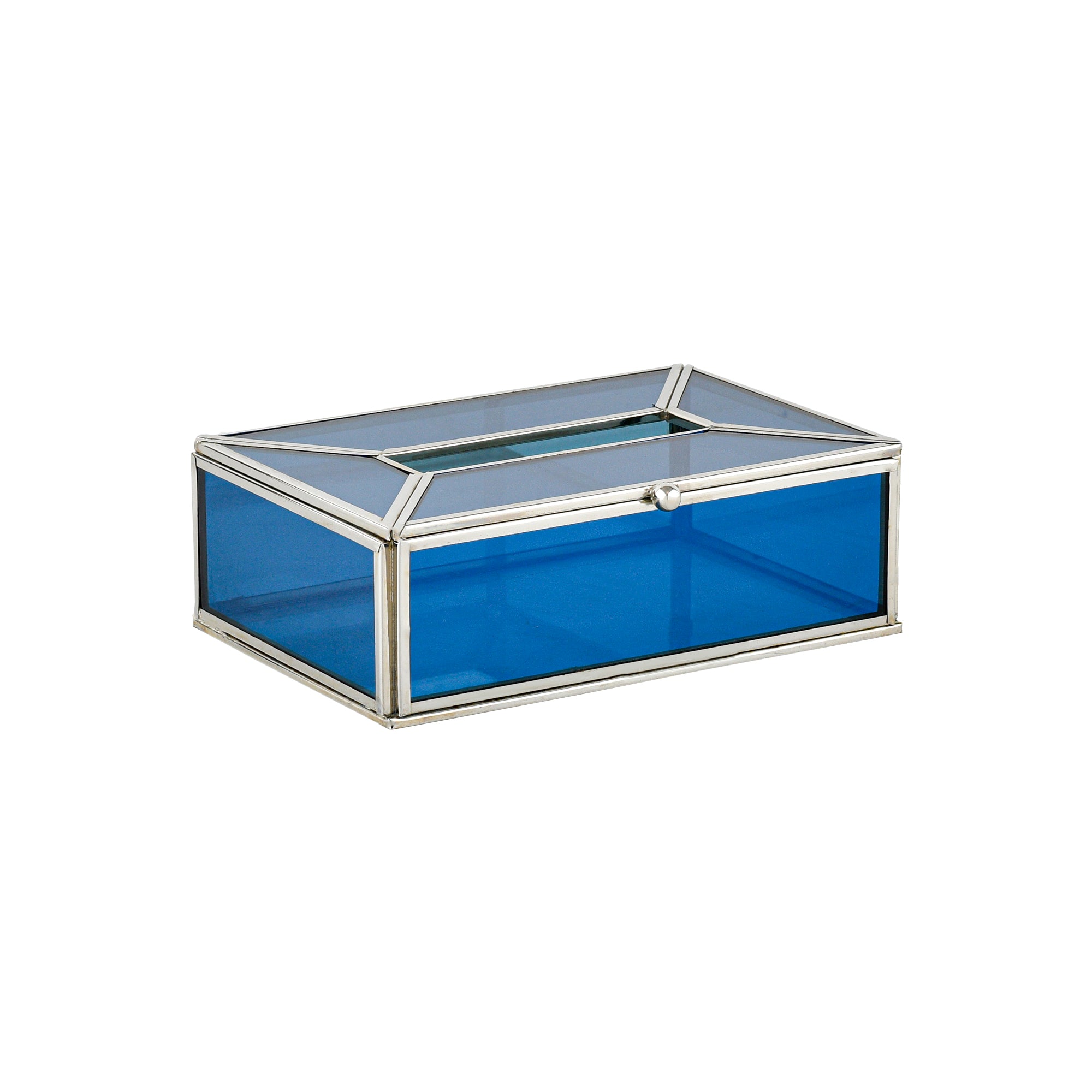 LamJum Decorative Blue Glass Tissue Box with Silver Rim.