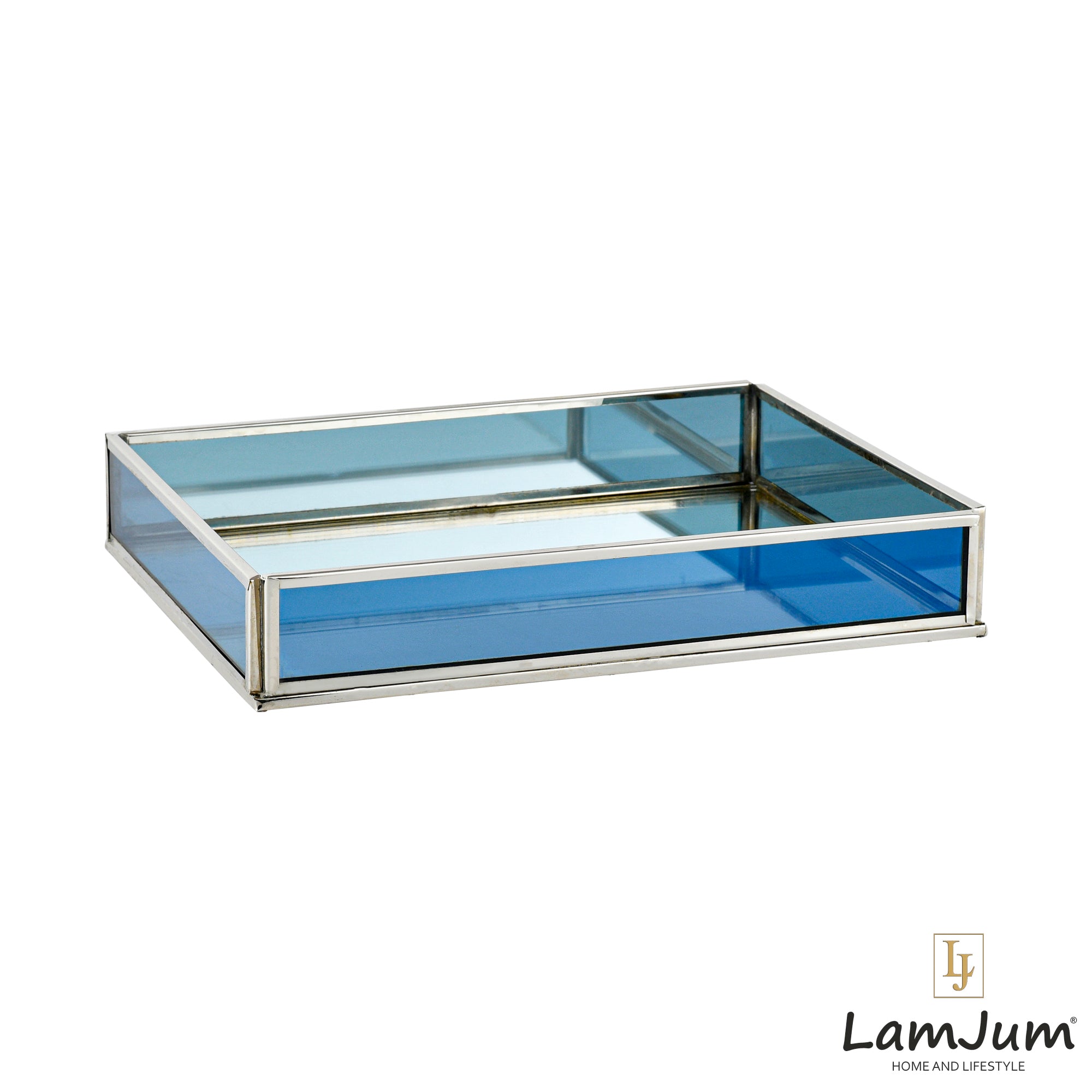 LamJum Decorative Blue Glass Tray with Silver Rim and Mirror Base