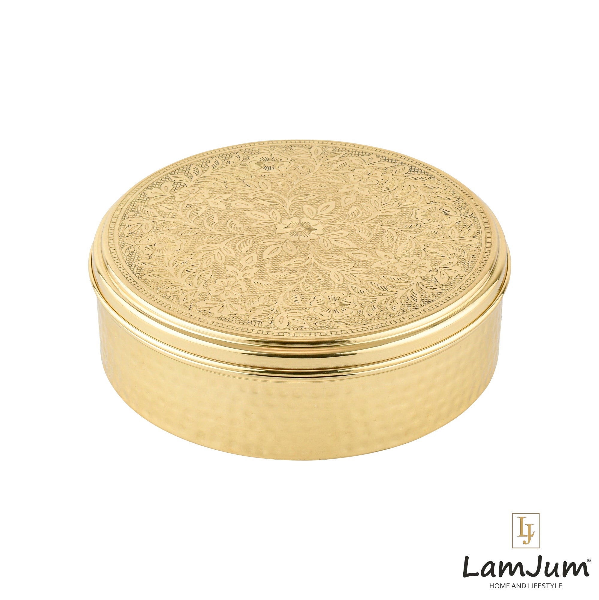 LamJum Pure Brass Spice Box (Masala Dabba) with 7 inner containers Handcrafted with intricate floral patterns engraving and a hammered finish Diameter 8 inches