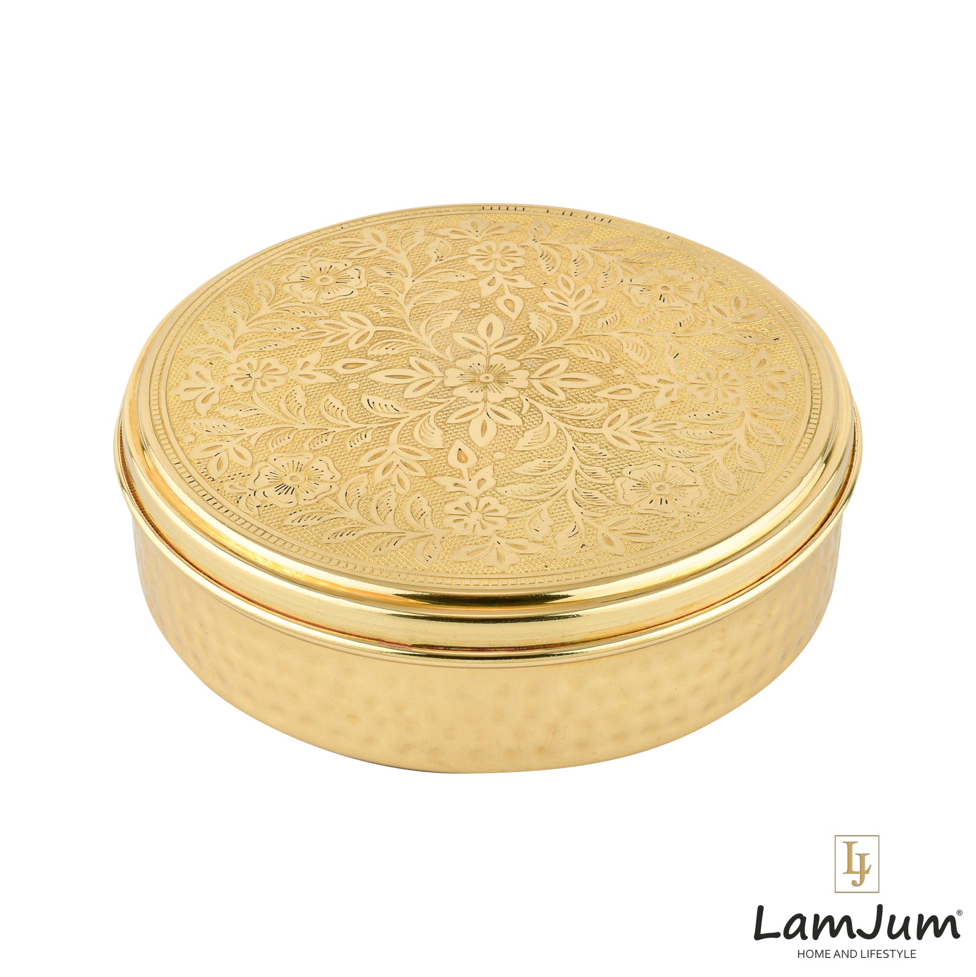 LamJum Pure Brass Roti/Chapati Box Handcrafted with intricate floral patterns engraving and a hammered finish Diameter 9 inches