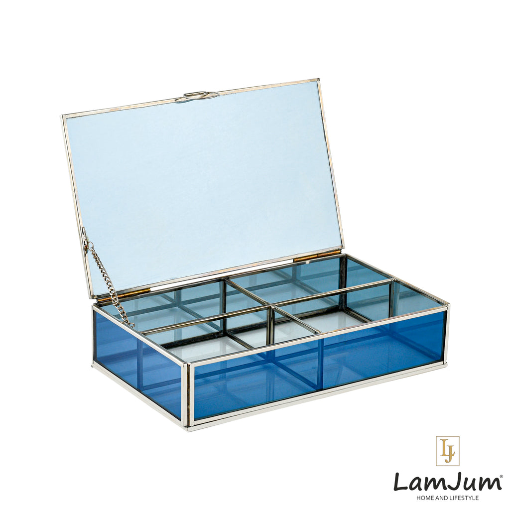 LamJum Decorative Blue Glass Four Compartment Medicine cum Jewellery Storage Box with Lid and Silver Rim