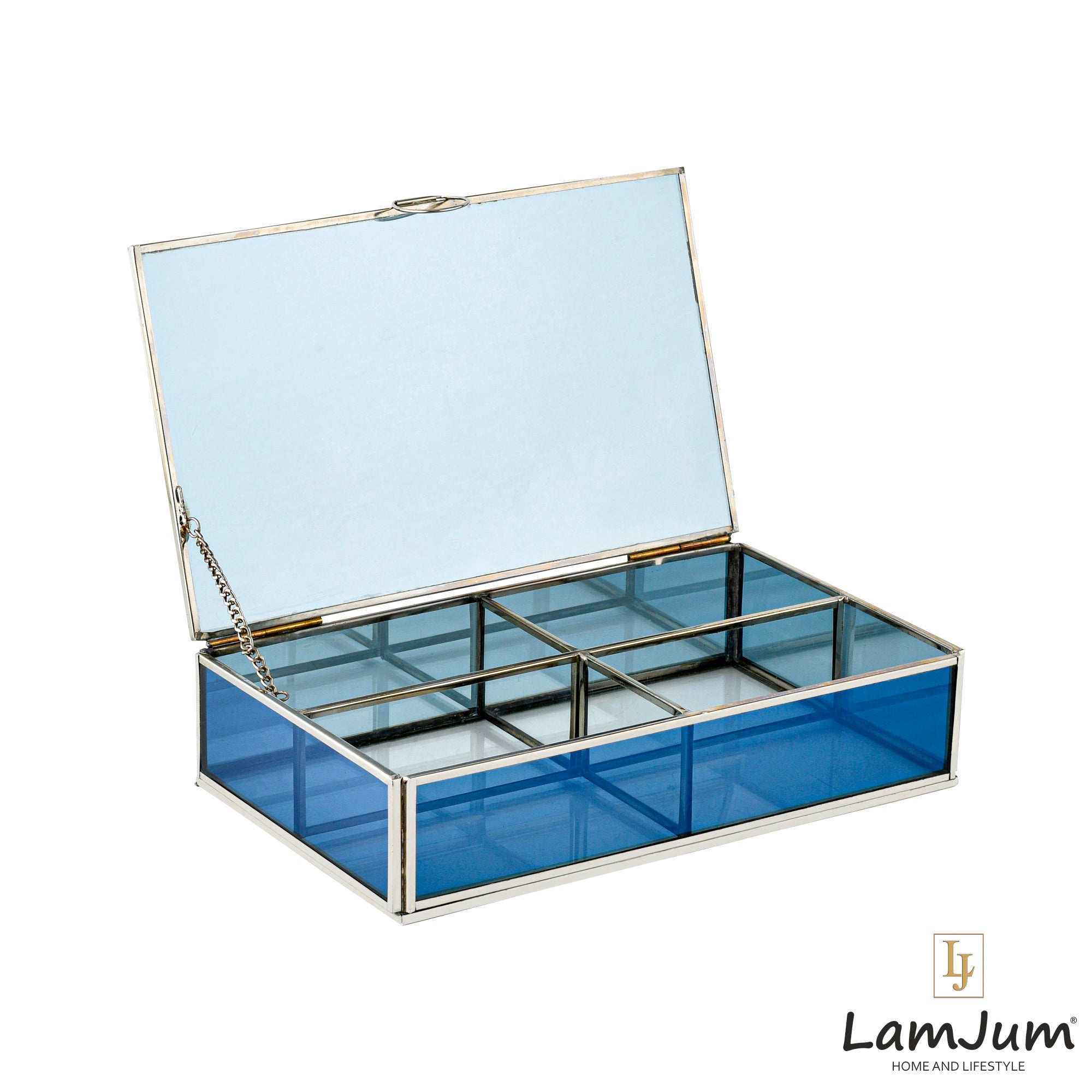 LamJum Decorative Blue Glass Four Compartment Medicine cum Jewellery Storage Box with Lid and Silver Rim