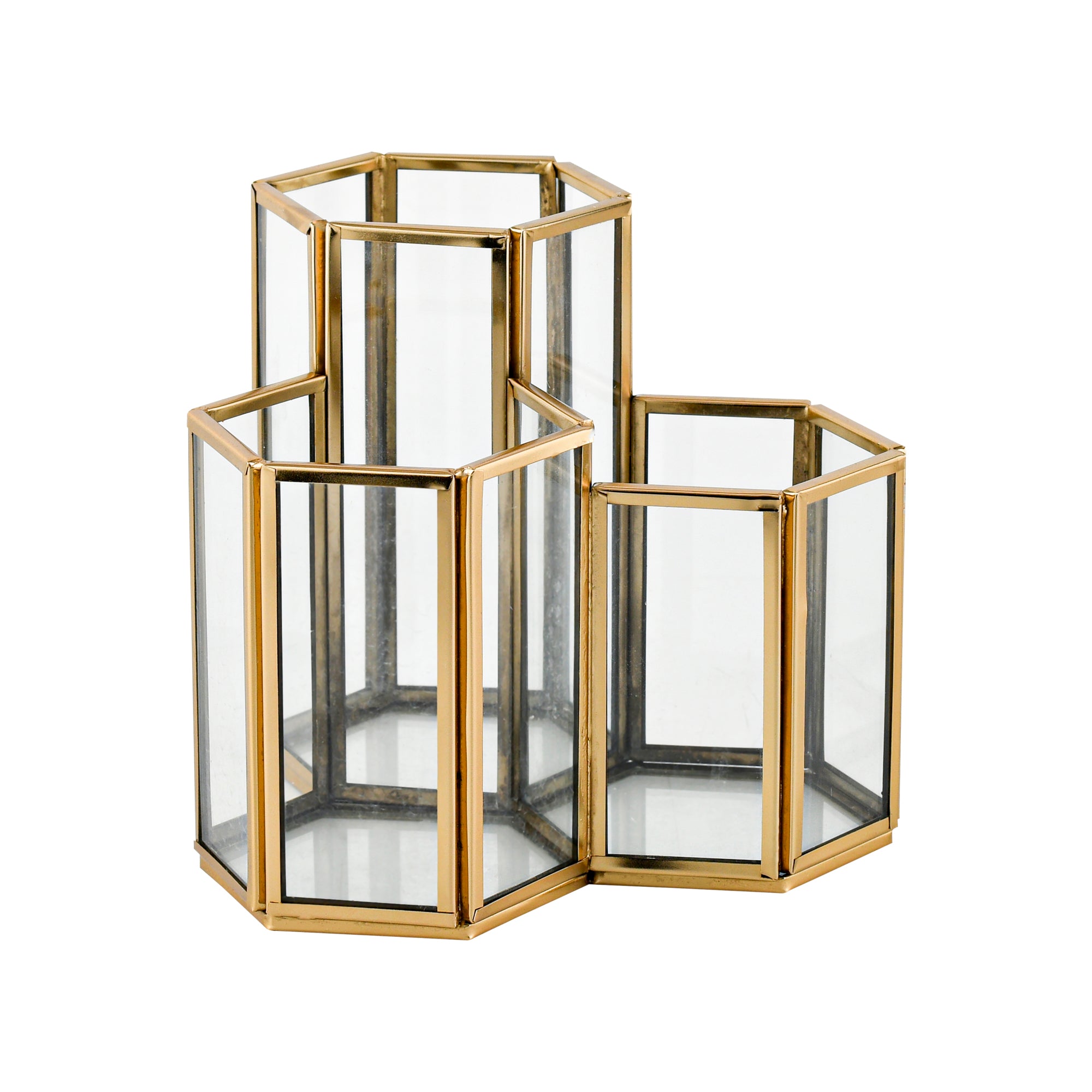 LamJum Hexagonal Multi-Purpose Clear Glass Three Stepped Compartments Organiser with Gold Rim.