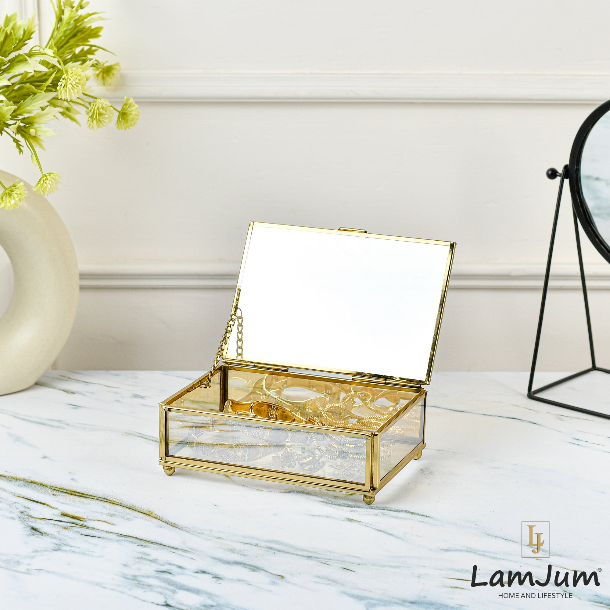LamJum Decorative Gold Glass Medicine cum Jewellery Storage Box with Lid and Gold Rim