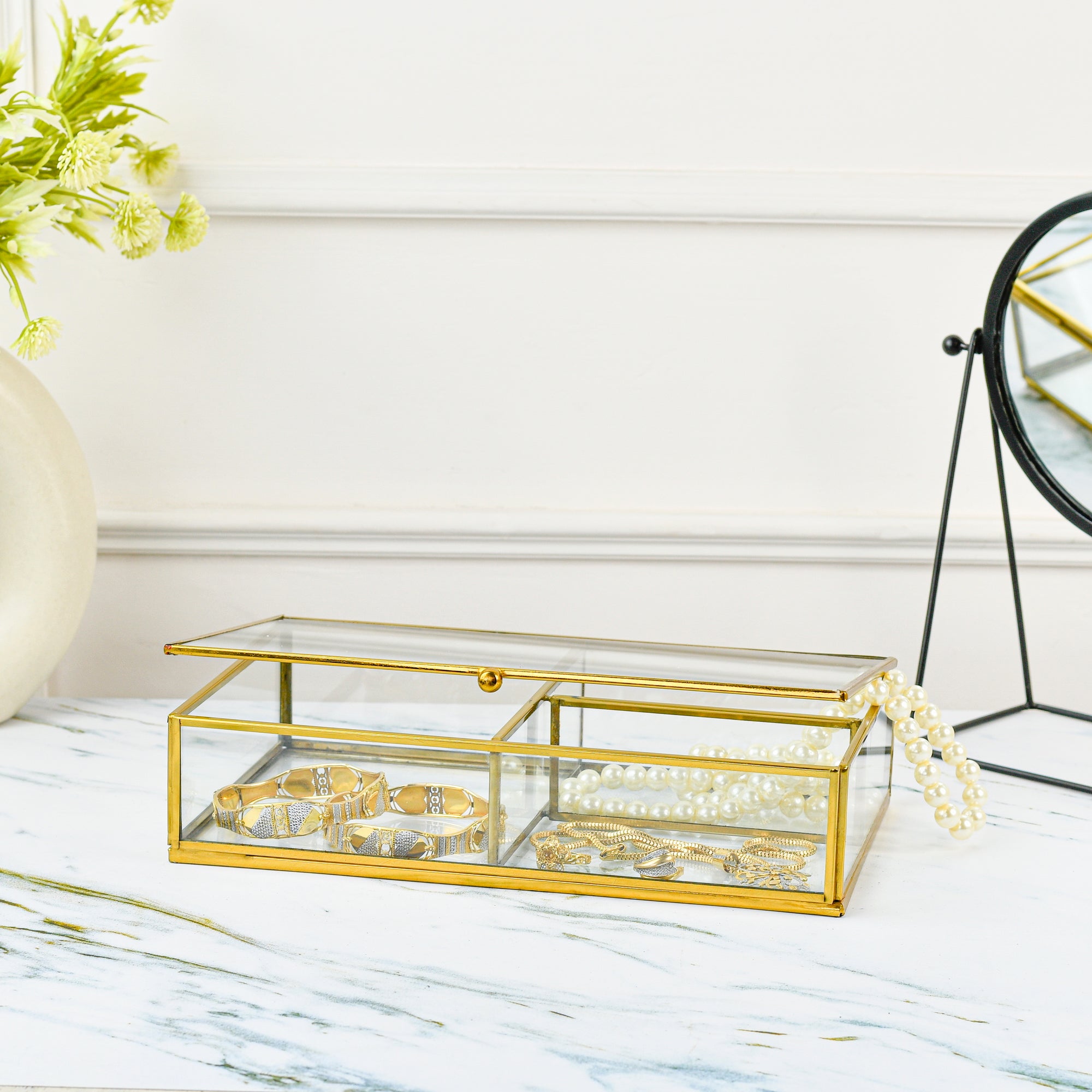 LamJum Decorative Clear Glass Three Compartment Medicine cum Jewellery Storage Box with Lid and Gold Rim