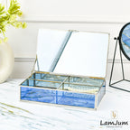 LamJum Decorative Blue Glass Four Compartment Medicine cum Jewellery Storage Box with Lid and Silver Rim