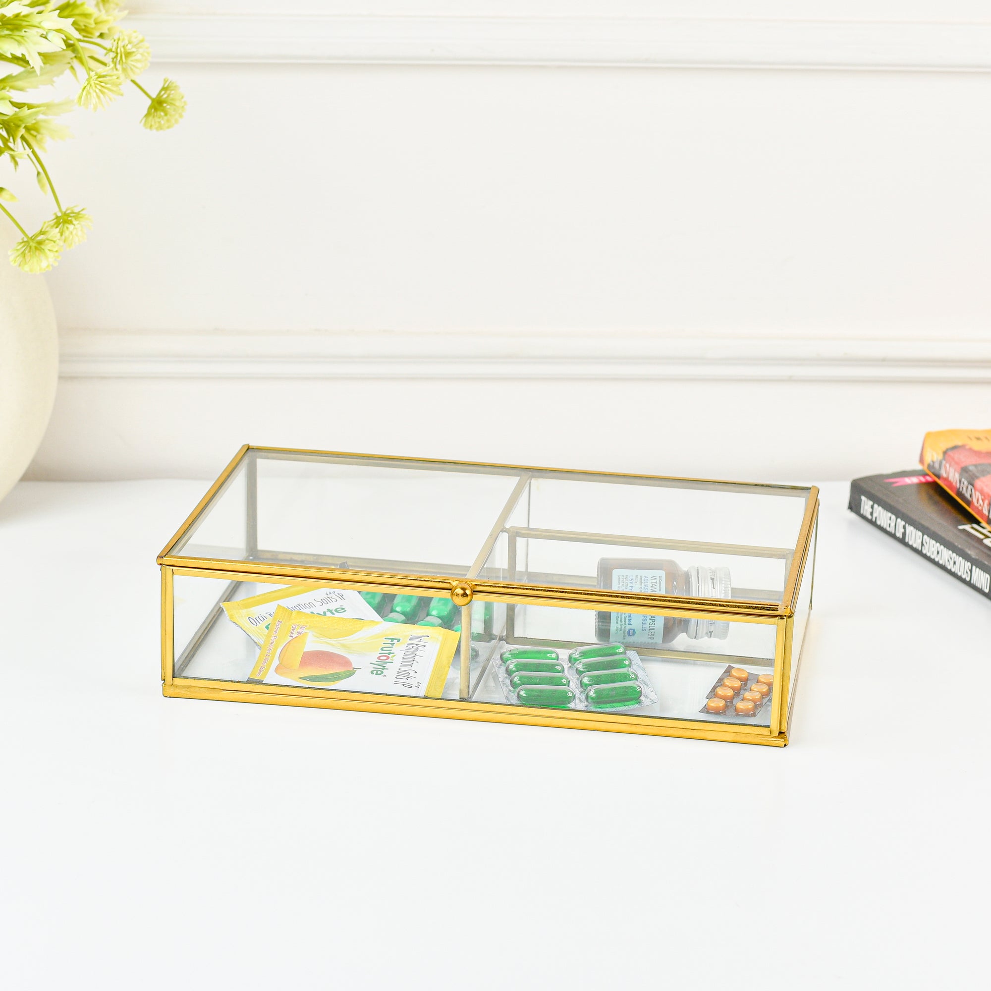 LamJum Decorative Clear Glass Three Compartment Medicine cum Jewellery Storage Box with Lid and Gold Rim
