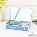 LamJum Decorative Blue Glass Four Compartment Medicine cum Jewellery Storage Box with Lid and Silver Rim
