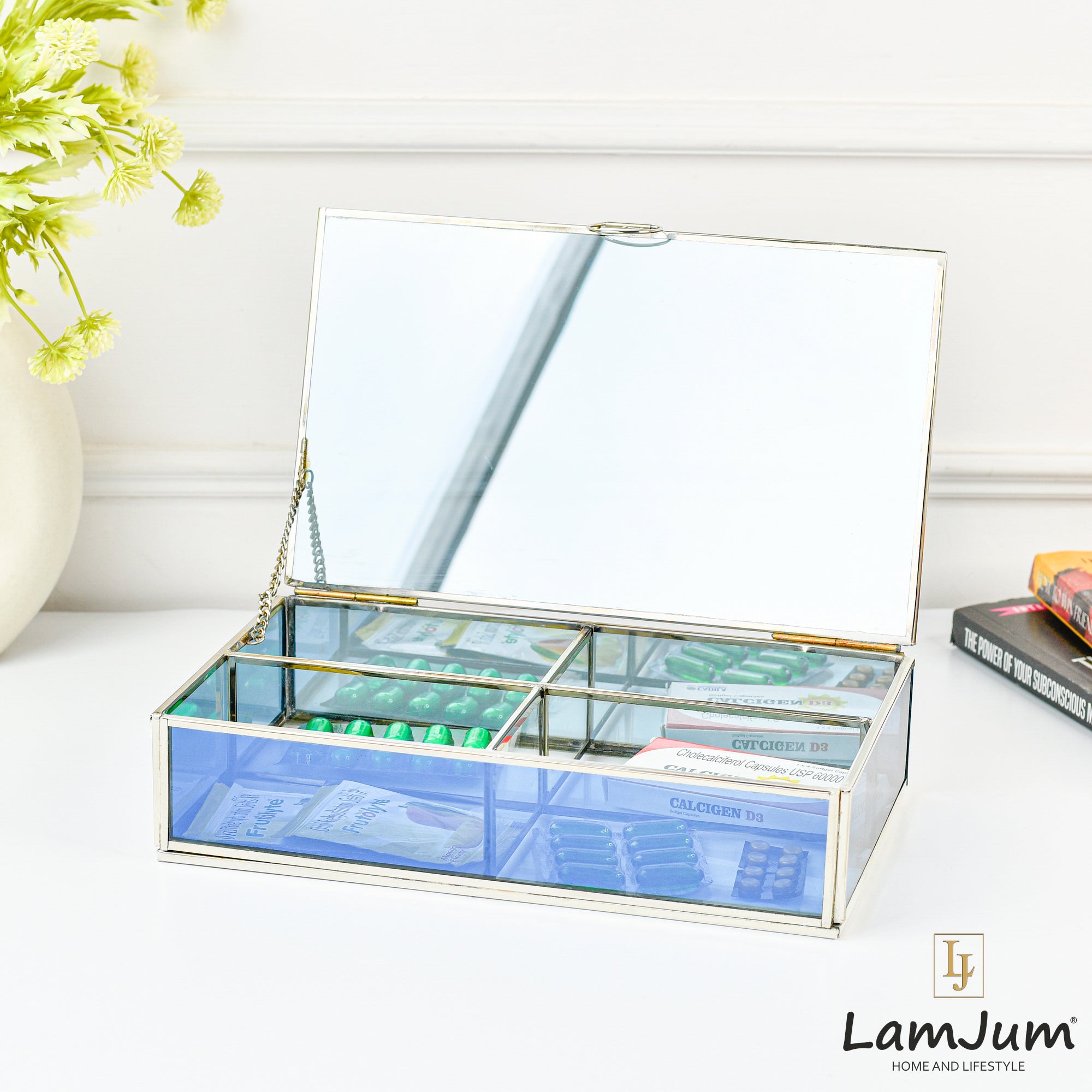 LamJum Decorative Blue Glass Four Compartment Medicine cum Jewellery Storage Box with Lid and Silver Rim