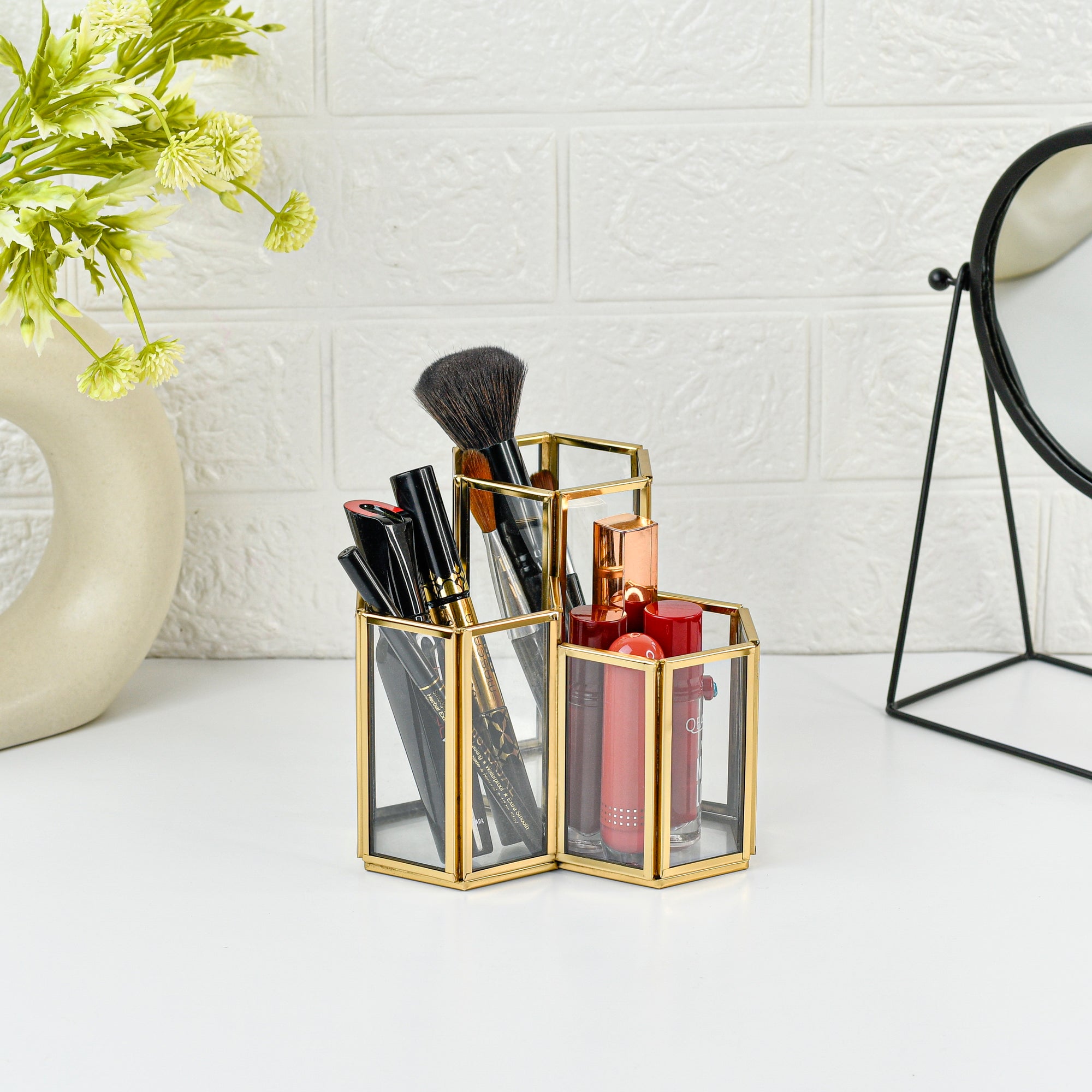 LamJum Hexagonal Multi-Purpose Clear Glass Three Stepped Compartments Organiser with Gold Rim.