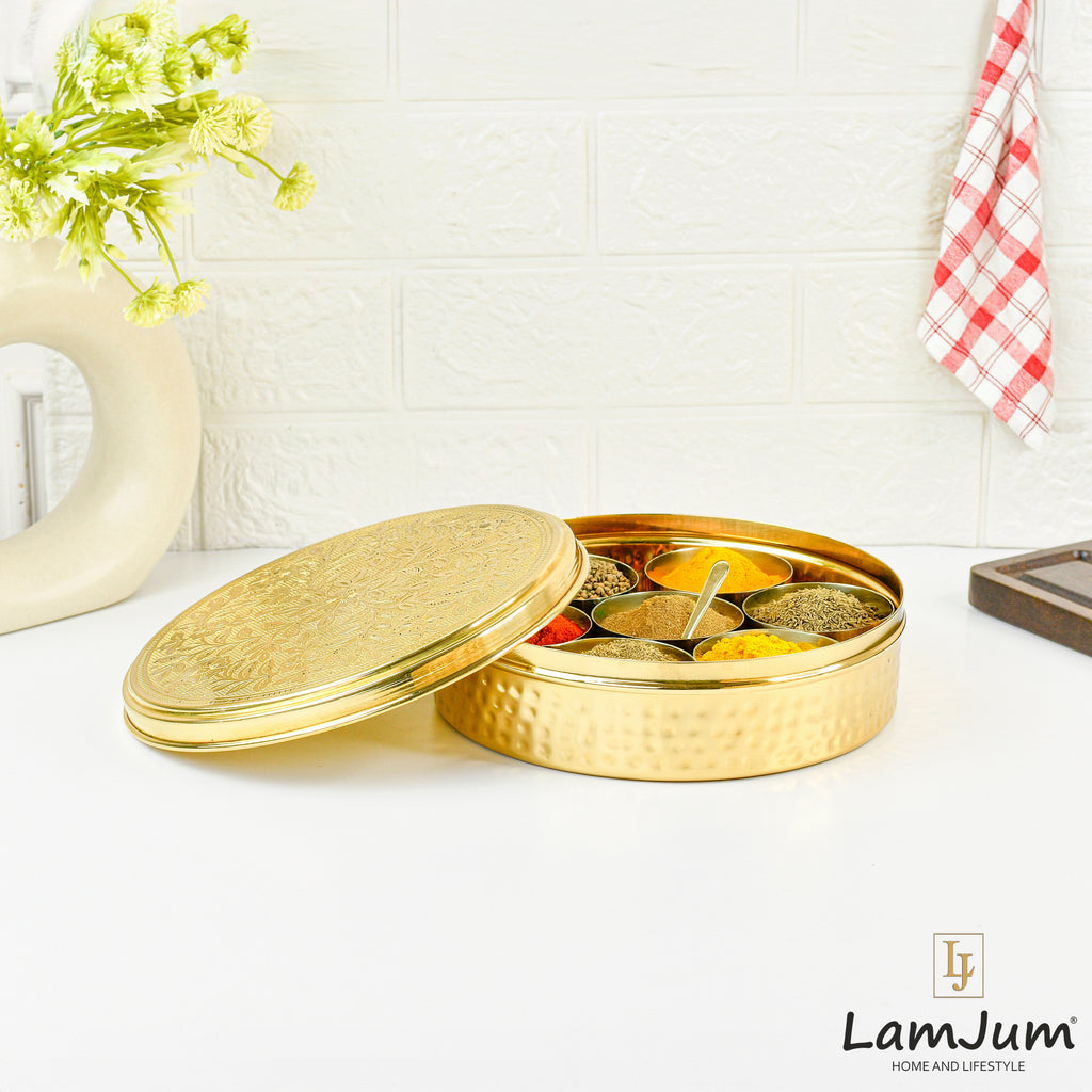 LamJum Pure Brass Spice Box (Masala Dabba) with 7 inner containers Handcrafted with intricate floral patterns engraving and a hammered finish Diameter 8 inches