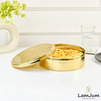 LamJum Pure Brass Roti/Chapati Box Handcrafted with intricate floral patterns engraving and a hammered finish Diameter 9 inches