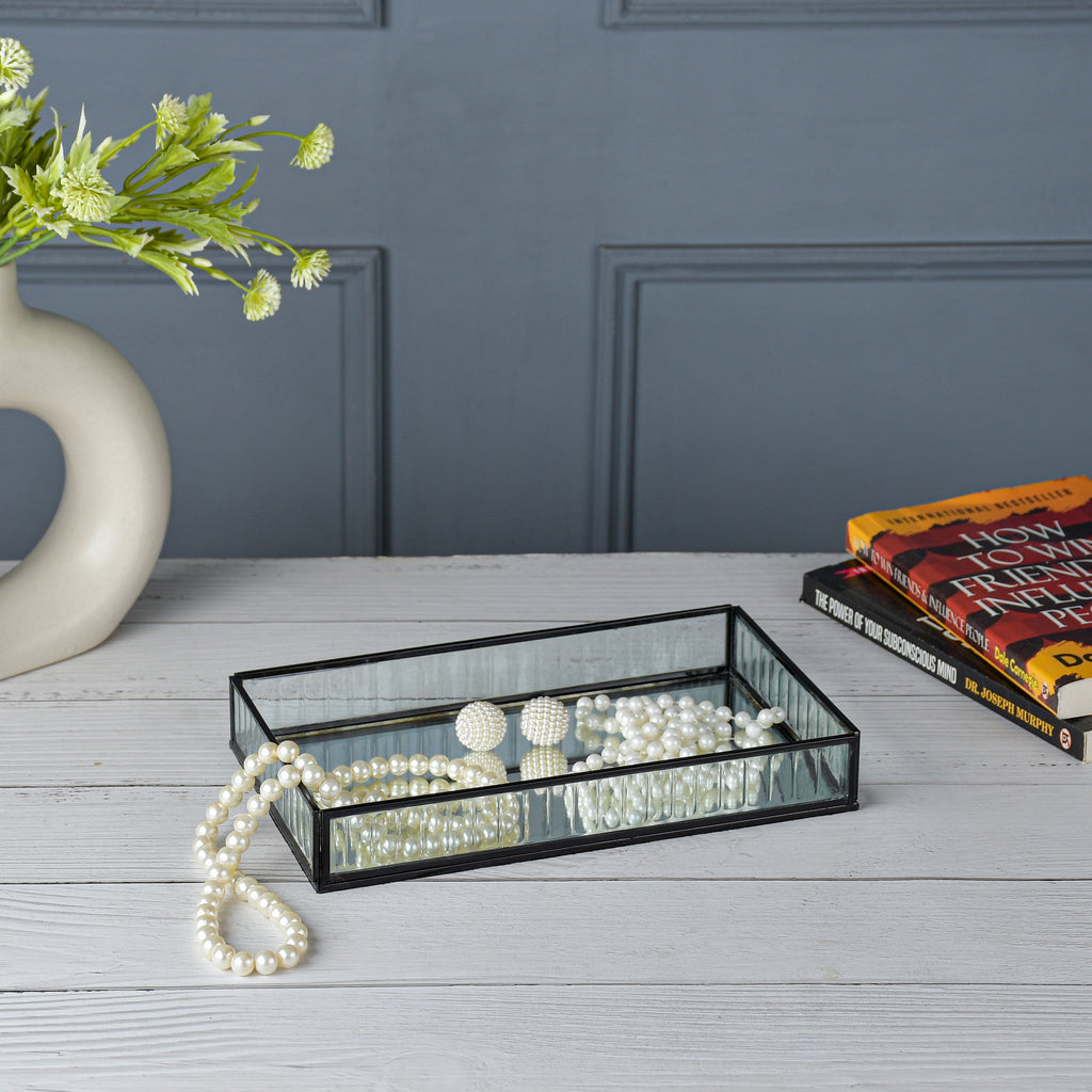 LamJum Decorative Fluted Glass Tray with Black Rim and Mirror Base